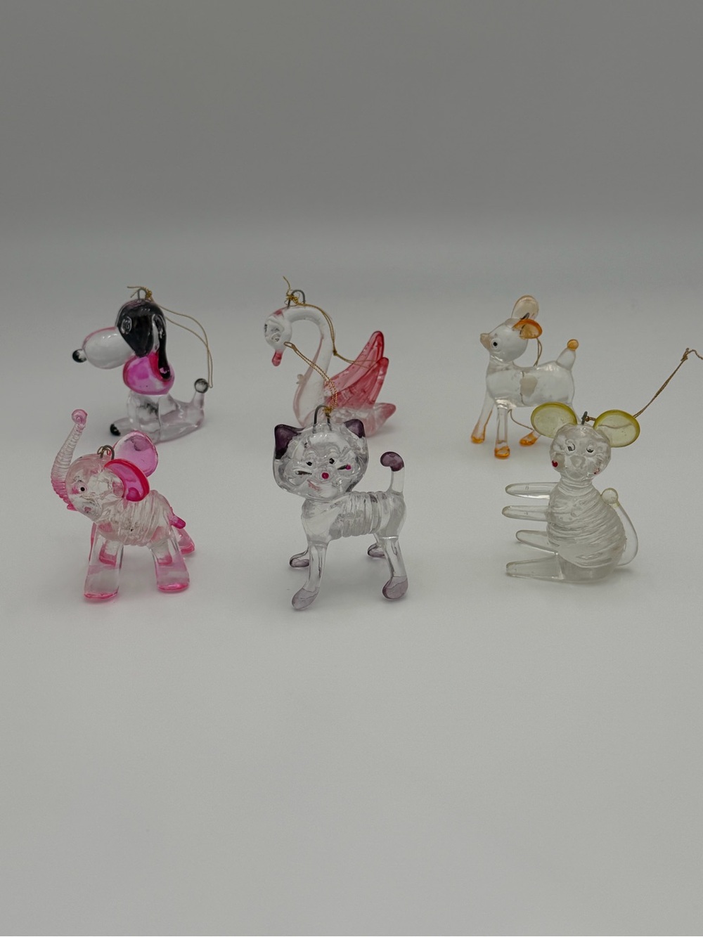 Vintage Lucite Acrylic Holiday Christmas Ornaments Figurines Animal Set of 6